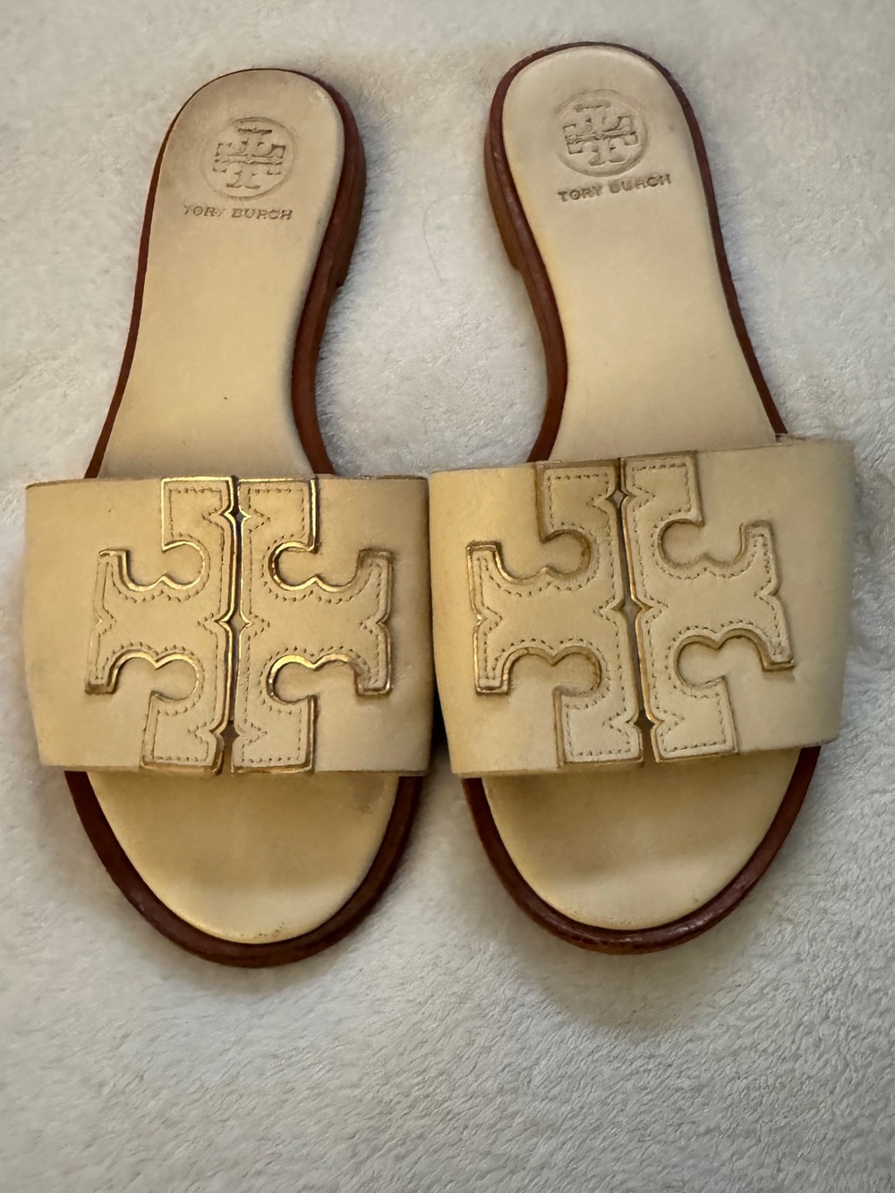 Tory Burch Cream Leather Logo Slide Sandals with Brown Trim size 5.5